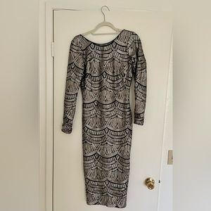 dress the population black and gold sequin evening midi dress